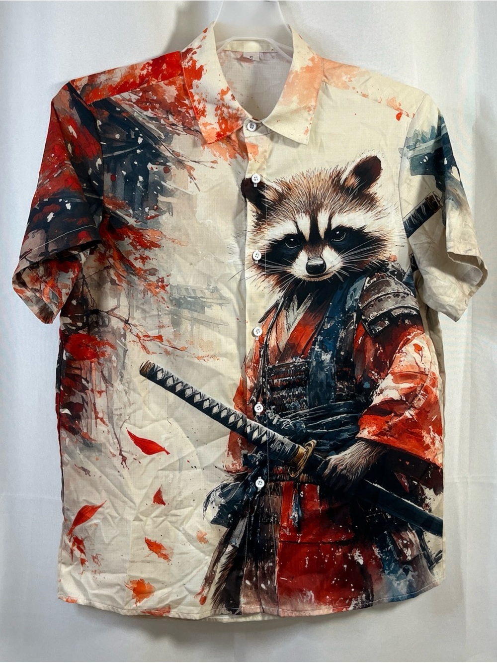 Samurai Raccoon Japanese Hawaiian Shirt Mens Aloha Beach Ukiyo Style Small NWOT